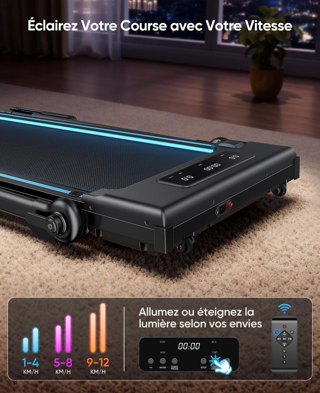 Tapis de Course Pliable Rm02 3 HP 12 km/h Inclinaison 12% 6 Modes Bureau Amovible Bluetooth LED RGB Charge 150 kg