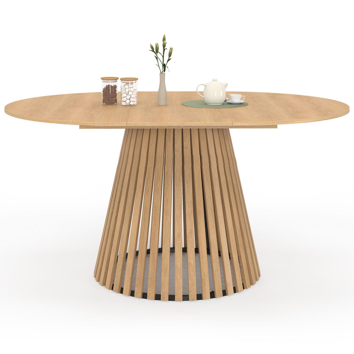 Table à manger ronde extensible Carmen 110-150 cm 4-8 places plateau en mélamine pied en bois et cadre métal