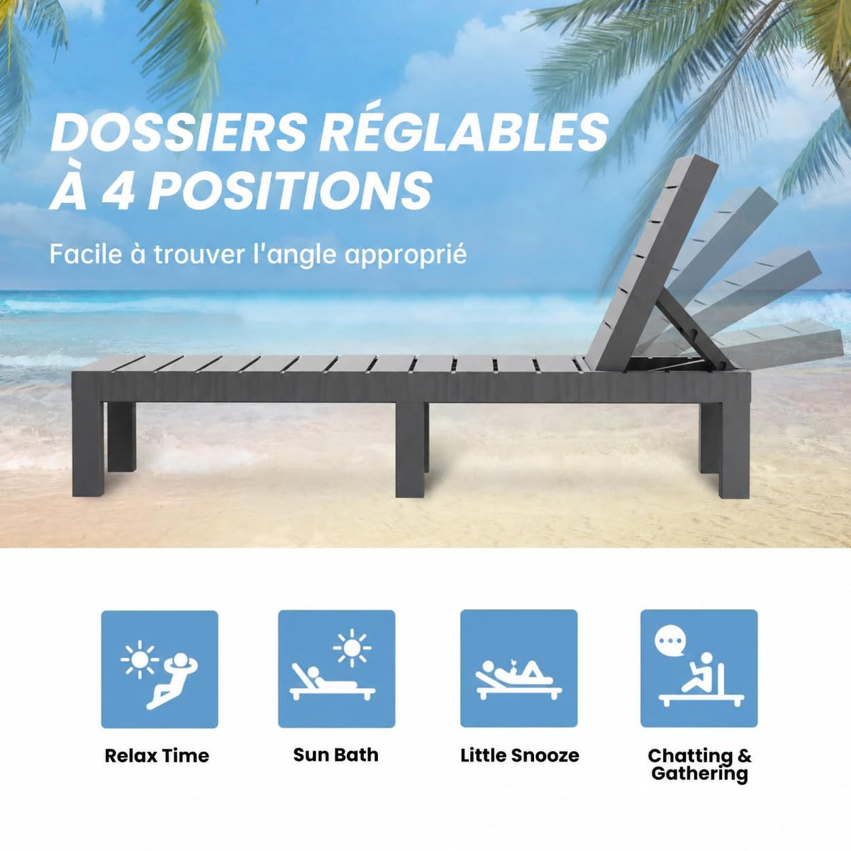 Lot de 2 Chaises Longues de Jardin BdsC2-2 Dossier Réglable 4 Positions Résine Gris 187 x 60 x 29 cm Charge 150 kg