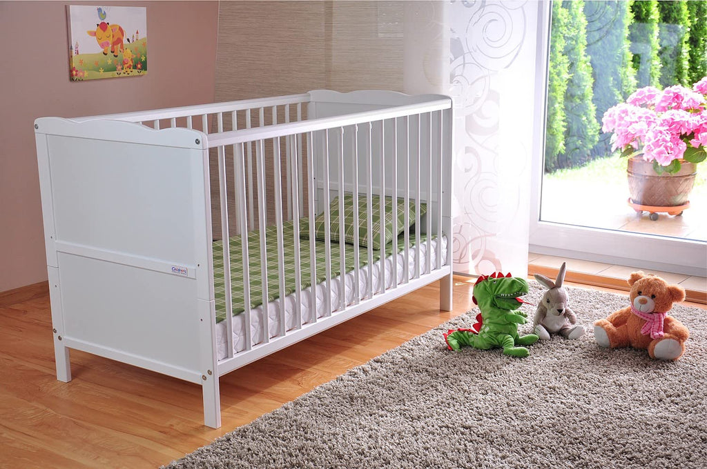 Lit bébé convertible 124 x 65 x 87 cm en bois de pin avec matelas mousse 6 cm 3 hauteurs réglables couchage 120 x 60 cm