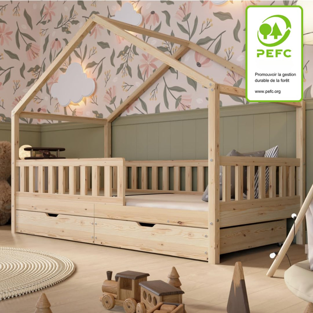 Lit Cabane Montessori Crazy House AM-05-16 90 x 190 cm Bois de Pin 2 Tiroirs Sommier à Lattes Barrière 120 kg Naturel