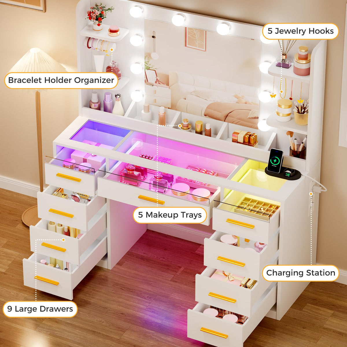 Coiffeuse avec Miroir LED BDT95W 9 Tiroirs 4 Étagères Plateau en Verre 3 Modes d'Éclairage RGB 105 x 40 x 140 cm