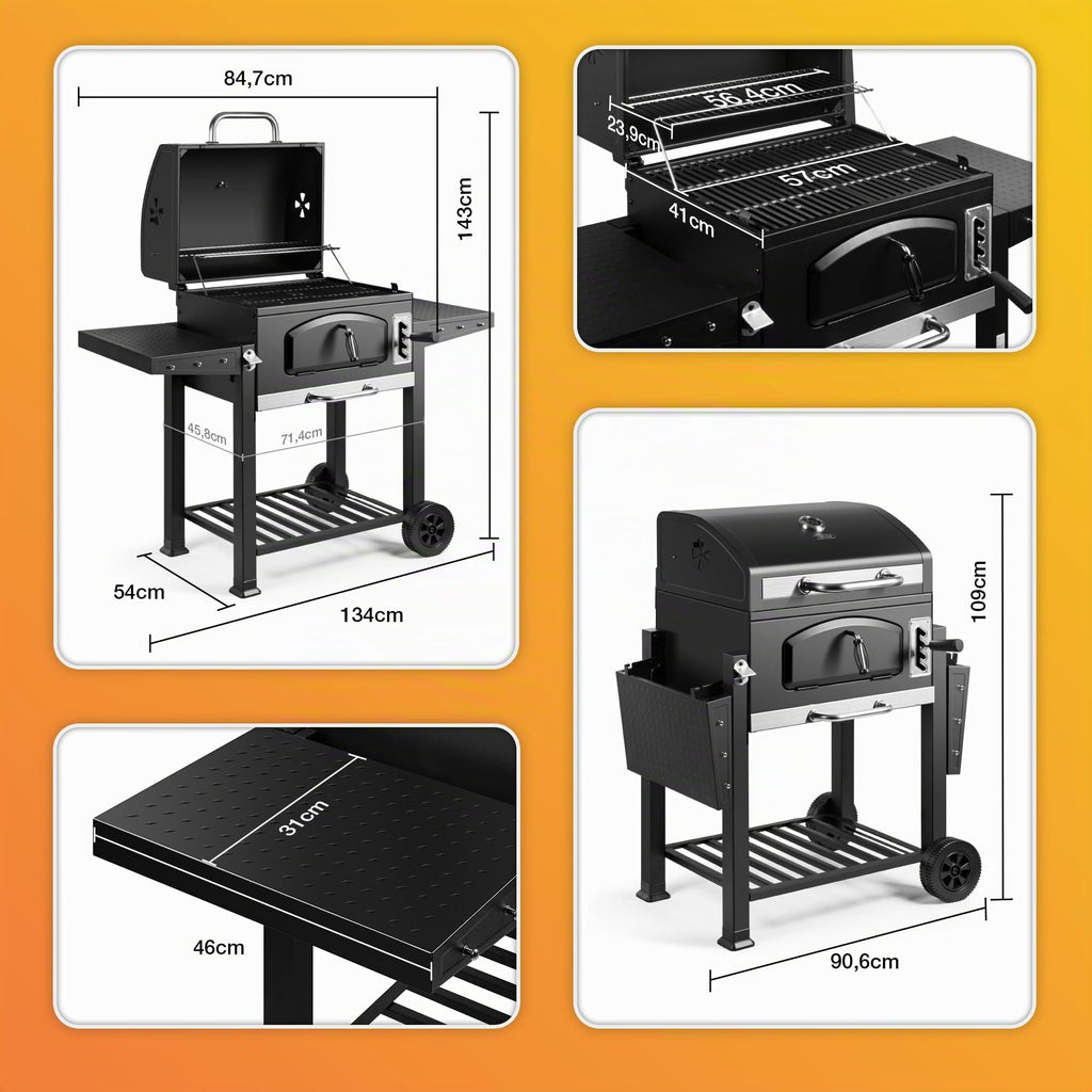 Barbecue au charbon XL avec couvercle et fumoir 2-en-1 grille en fonte 57 x 41 cm thermomètre 2 tablettes rabattables
