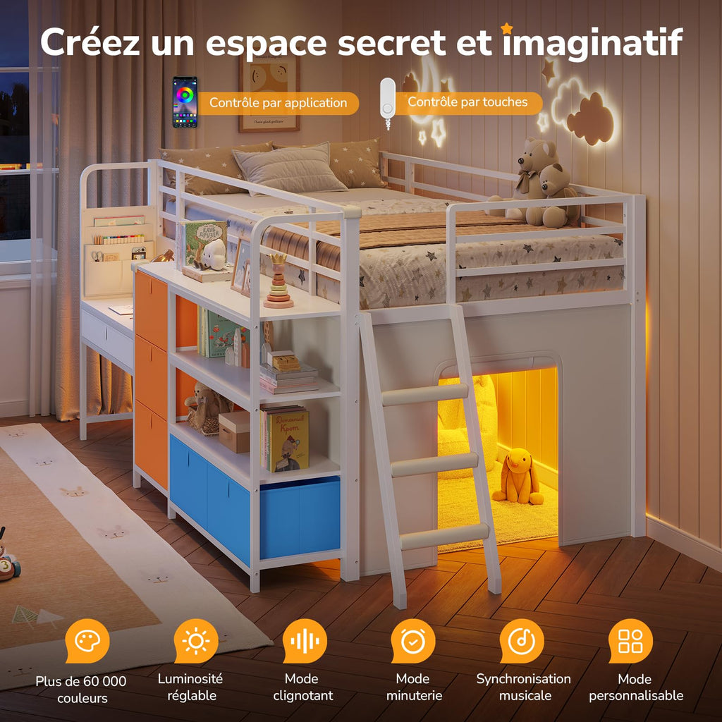 Lit mezzanine enfant 90x200 cm avec bureau intégré LLB-01 éclairage LED 5 rangements 3 étagères charge 100 kg