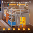 Lit mezzanine enfant 90x200 cm avec bureau intégré LLB-01 éclairage LED 5 rangements 3 étagères charge 100 kg