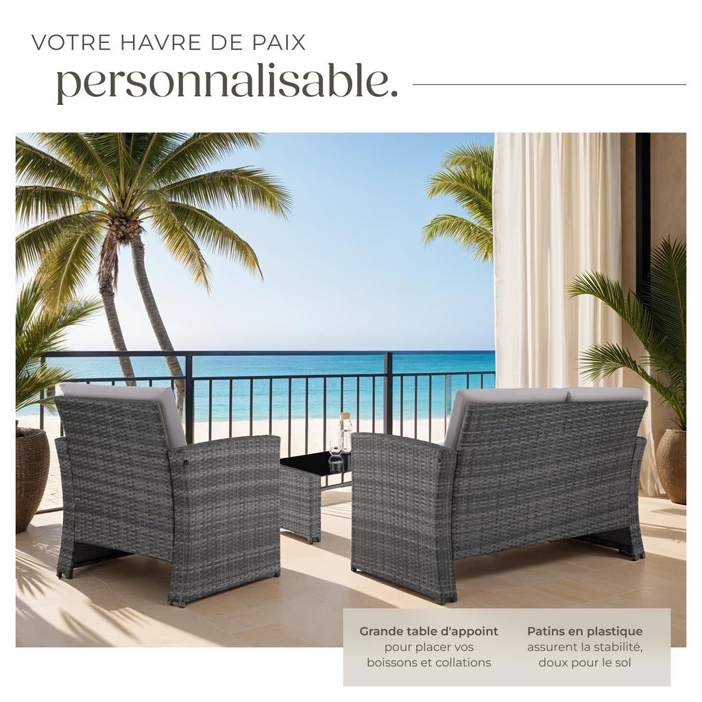 Salon de jardin en résine tressée 4 personnes avec canapé fauteuils table à plateau en verre coussins gris 404918-2