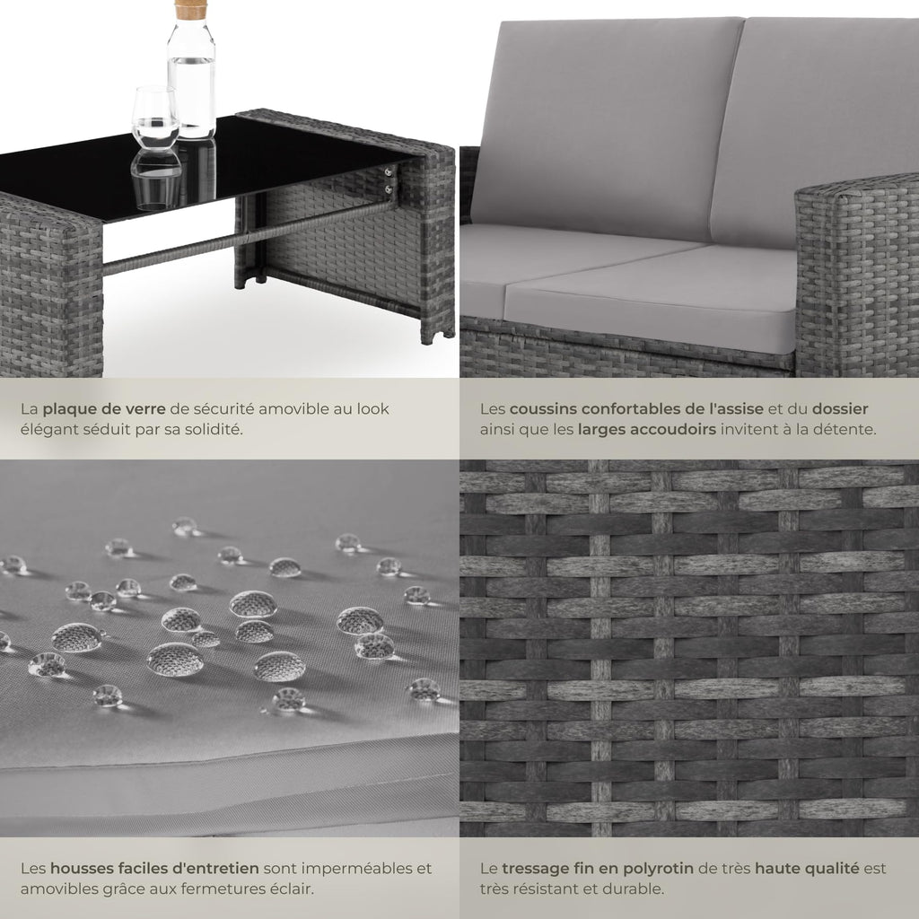 Salon de jardin en résine tressée 4 personnes avec canapé fauteuils table à plateau en verre coussins gris 404918-2