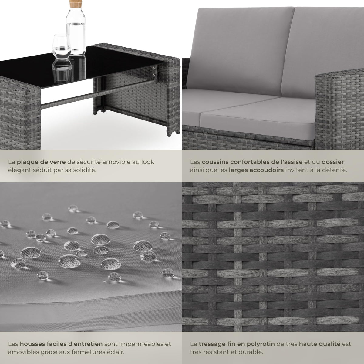 Salon de jardin en résine tressée 4 personnes avec canapé fauteuils table à plateau en verre coussins gris 404918-2