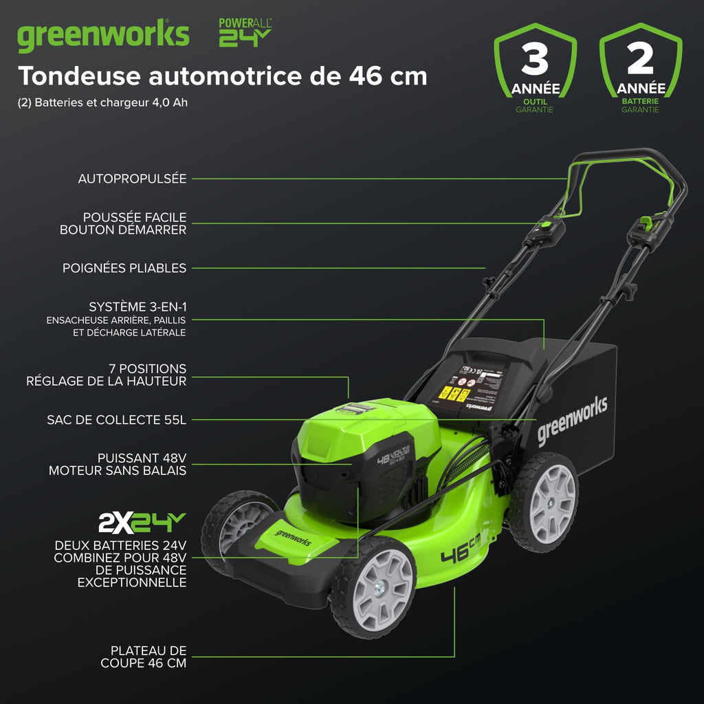 Tondeuse à gazon sans fil GD24X2LM46SPK4X 48 V autotractée 46 cm sac 55 L 2 batteries 24 V 4 Ah chargeur double