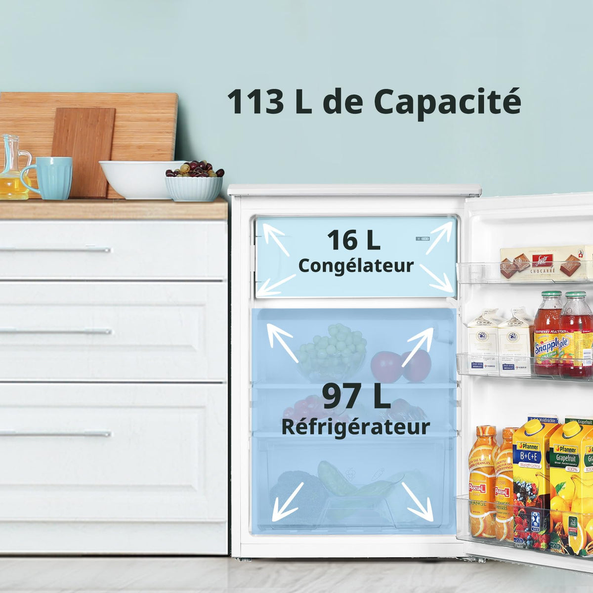 Réfrigérateur congélateur compact 113 L classe D congélateur 4 étoiles 16 L 35 dB 2 clayettes verre porte réversible blanc