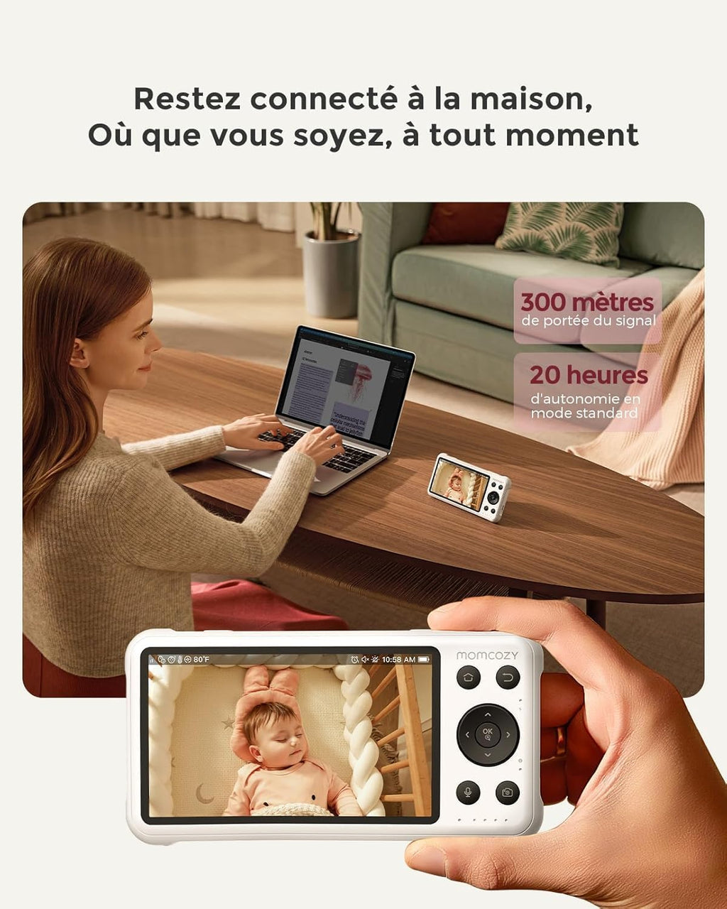 Babyphone caméra BM04-1 écran 5 pouces 1080p Wi-Fi FHSS vision nocturne audio bidirectionnel détection des pleurs et mouvements