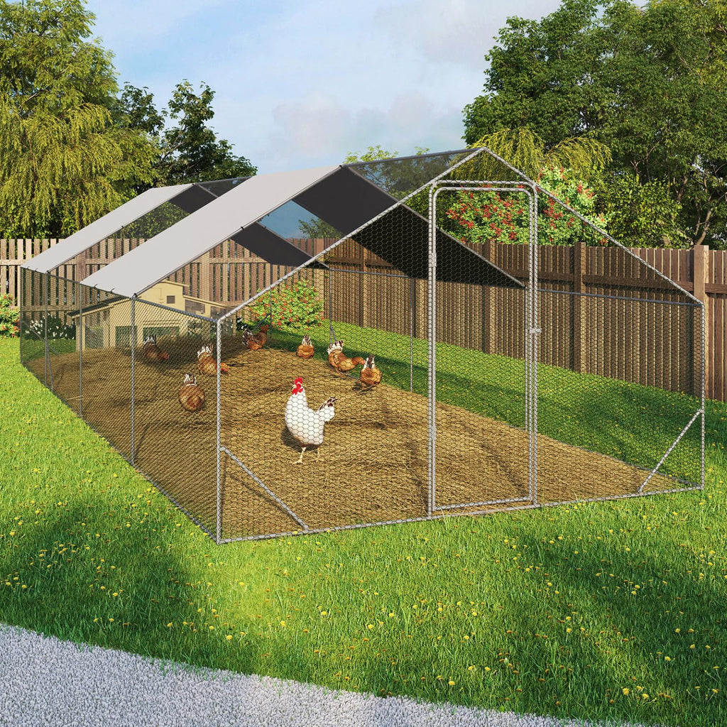 Enclos à Poules 24 m² 8 x 3 x 2 m Acier Grillage 25 mm Bâche de Toit 1 Porte à Loquet Guide de Montage