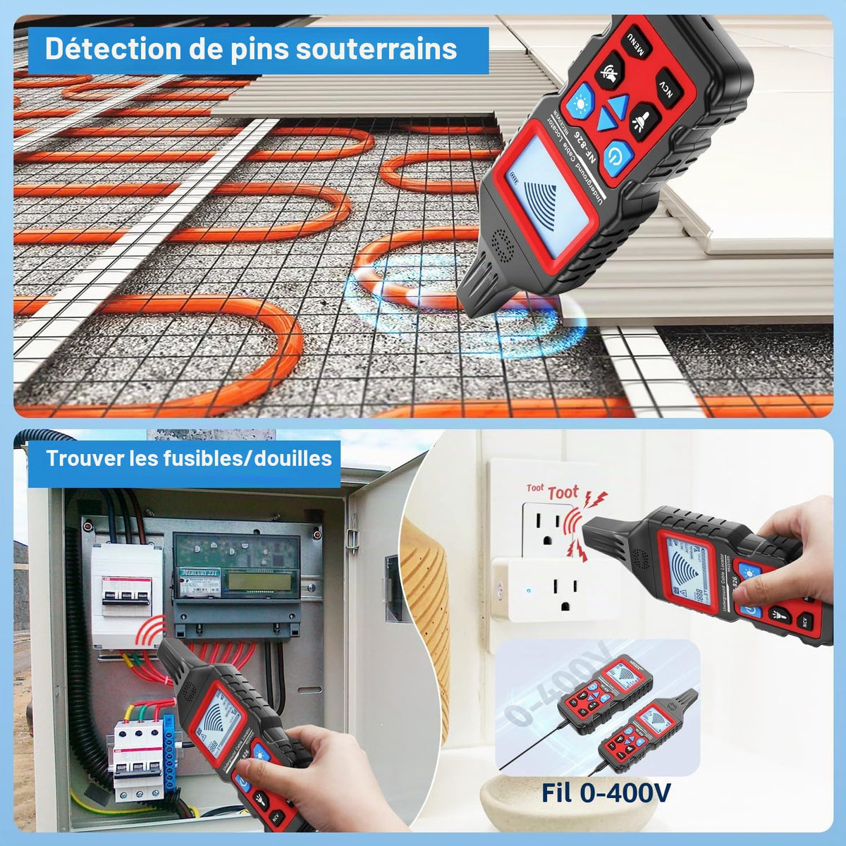 Détecteur de câbles souterrains et muraux NF-826 12 à 400 V avec fonction voltmètre et sensibilité réglable