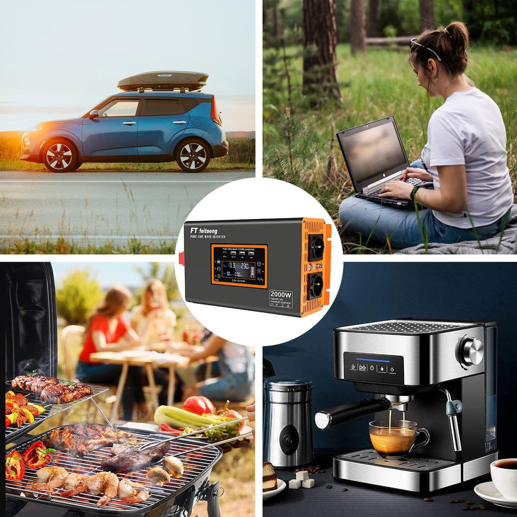 Convertisseur 12V 220V 2000W 4000W onduleur pur sinus 220V CA 2 prises USB écran LCD télécommande 50 Hz