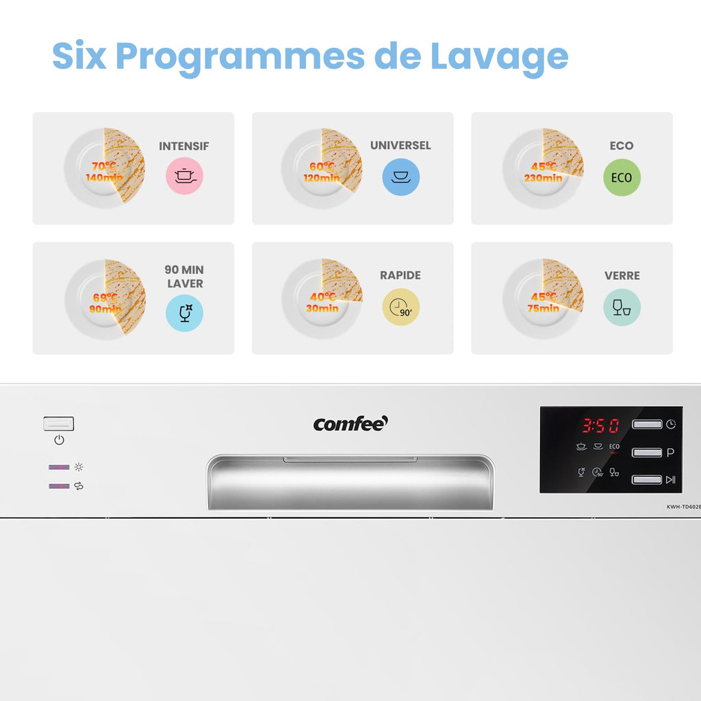 Lave-Vaisselle Compact TD602E-W 6 Couverts 6 Programmes 47 dB 220 V Écran LED Départ Différé 50 x 55 x 43,8 cm Blanc