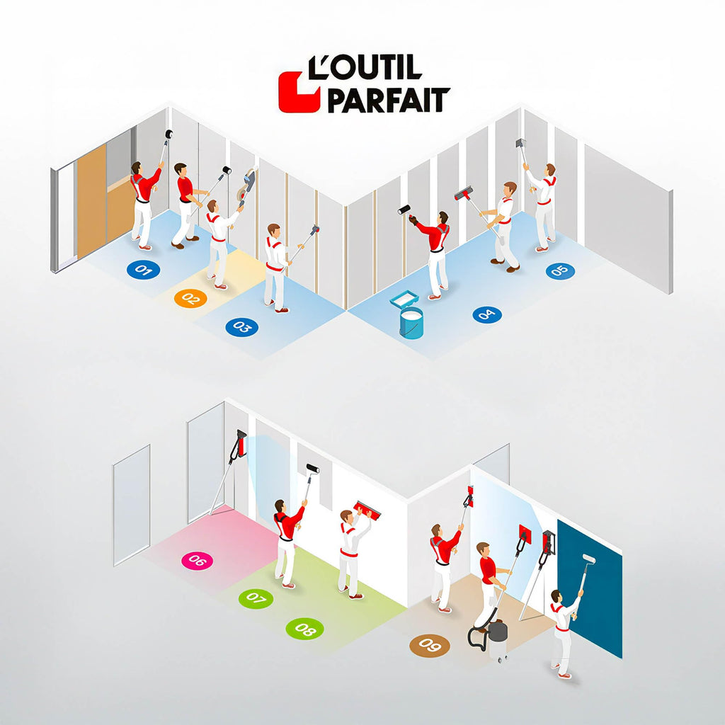 Kit de lissage pour plaquiste lames 25 35 45 et 60 cm couteaux à joint 10 et 15 cm 2 rallonges de 0,5 m
