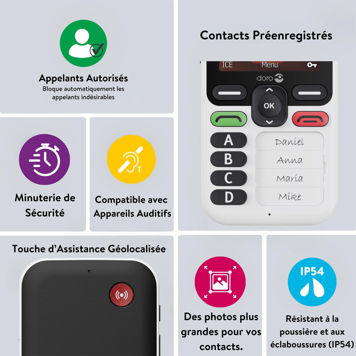 Téléphone Portable 4G Leva X10 Senior Touche d'Assistance GPS 4 Contacts Pré-Enregistrés SMS Blanc
