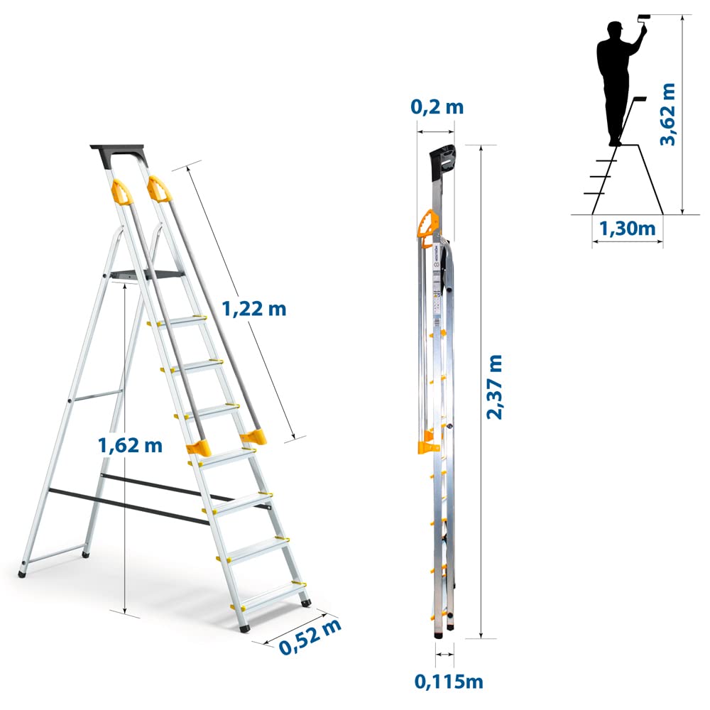 Escabeau Pliable 8 Marches DURAMP Aluminium Hauteur Plateforme 162 cm Charge 150 kg Rampes Porte-Outils Marches Antidérapantes