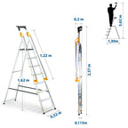 Escabeau Pliable 8 Marches DURAMP Aluminium Hauteur Plateforme 162 cm Charge 150 kg Rampes Porte-Outils Marches Antidérapantes