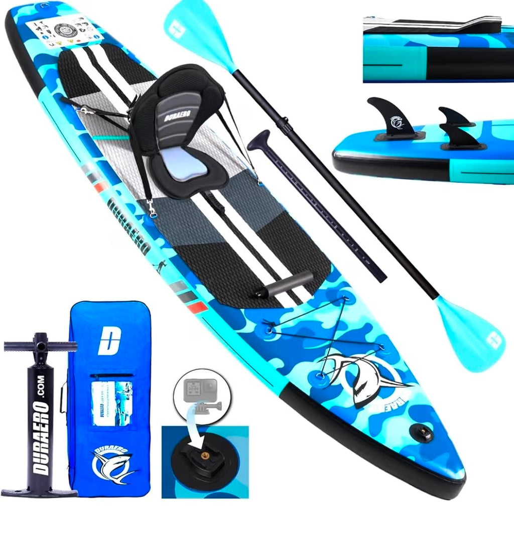 Planche de stand up paddle gonflable 330 x 76 x 15 cm avec siège kayak 150 kg PVC 3 ailerons pagaie double réglable support caméra