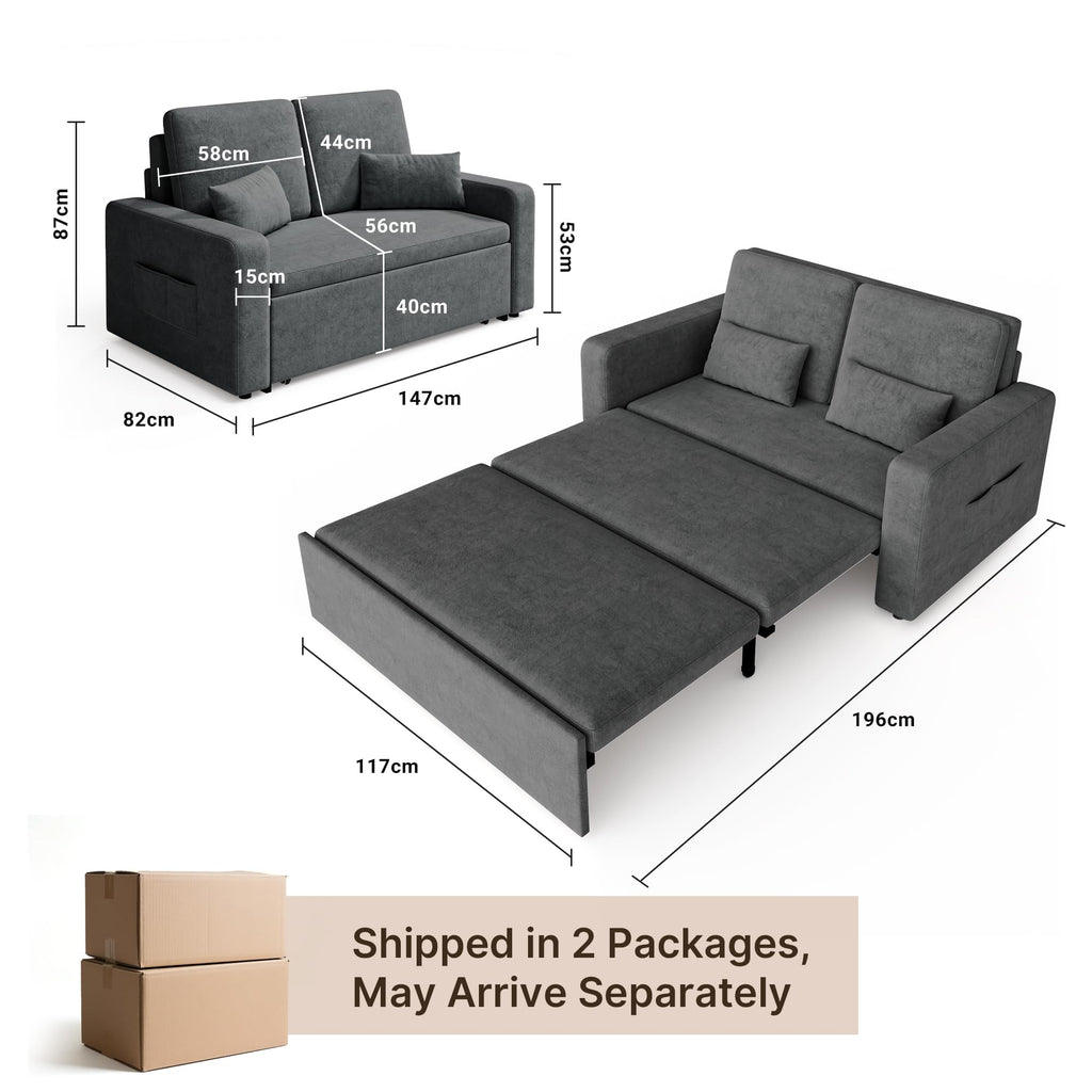 Canapé-lit 2 places convertible AR28 147 x 196 x 87 cm en velours gris foncé avec 4 roulettes et rangement latéral