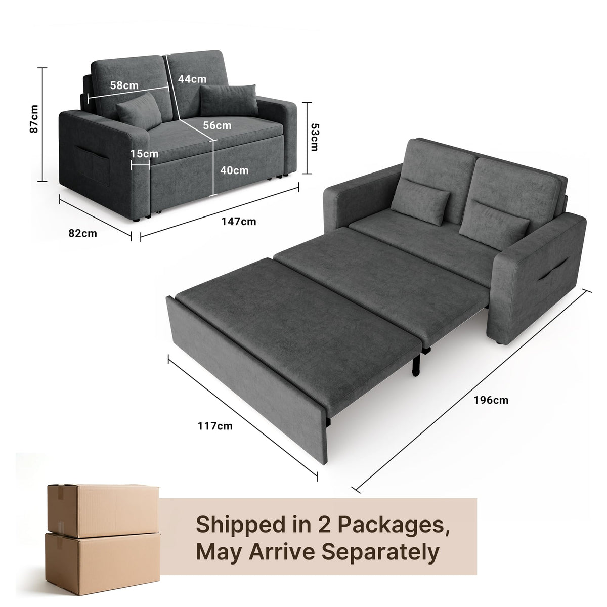 Canapé-lit 2 places convertible AR28 147 x 196 x 87 cm en velours gris foncé avec 4 roulettes et rangement latéral