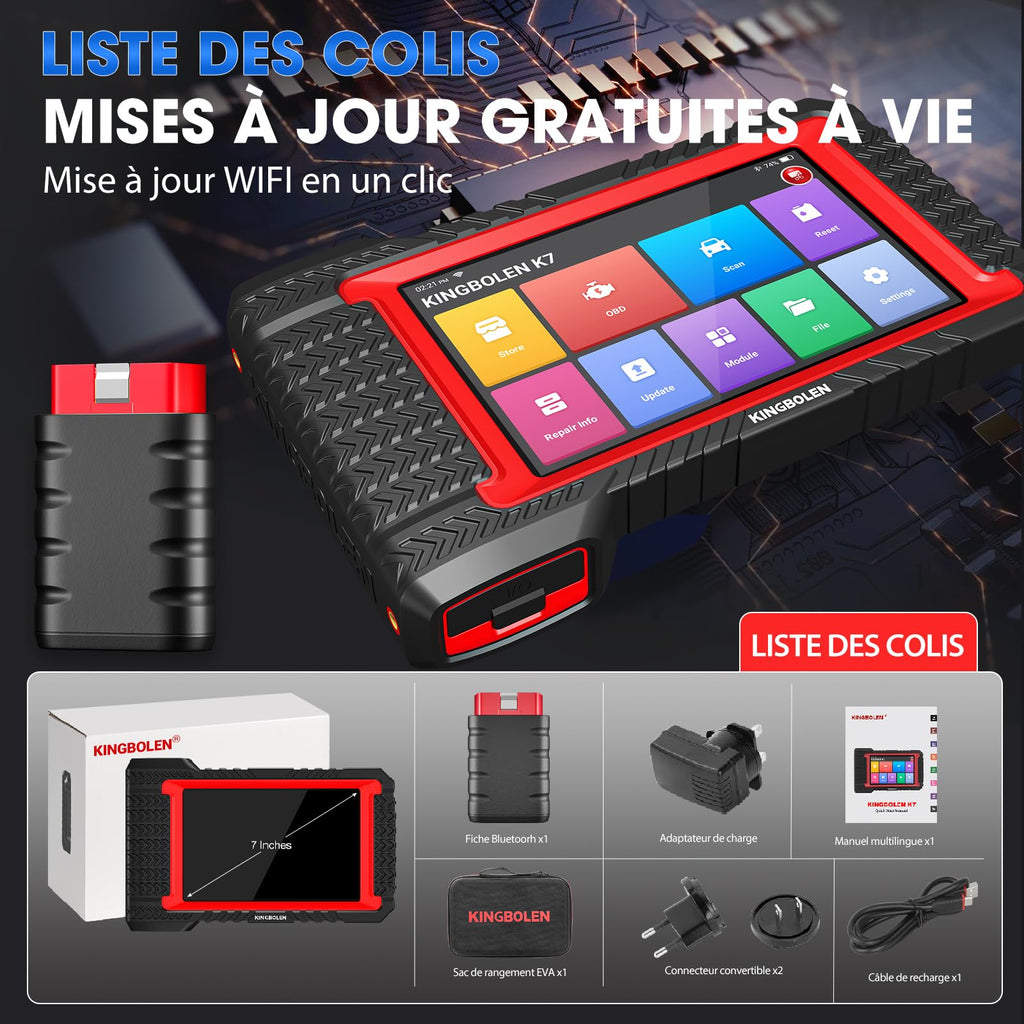 Valise Diagnostic Auto OBD2 K7 7 Pouces Android 10 31 Services Codage ECU Contrôle Bidirectionnel Bluetooth 32 Go