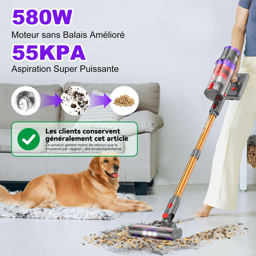 Aspirateur balai sans fil SU7 580 W 55 kPa 29,6 V autonomie 75 min bac 1,3 L avec brosse anti-enchevêtrement