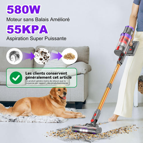 Aspirateur balai sans fil SU7 580 W 55 kPa 29,6 V autonomie 75 min bac 1,3 L avec brosse anti-enchevêtrement