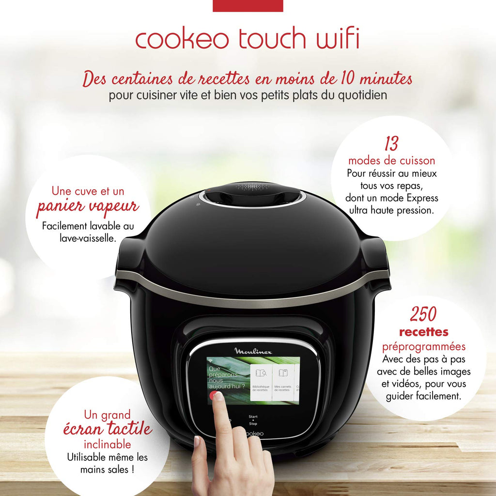 Multicuiseur électrique Cookeo Touch WiFi 6 L 1600 W écran tactile 13 modes de cuisson avec panier vapeur