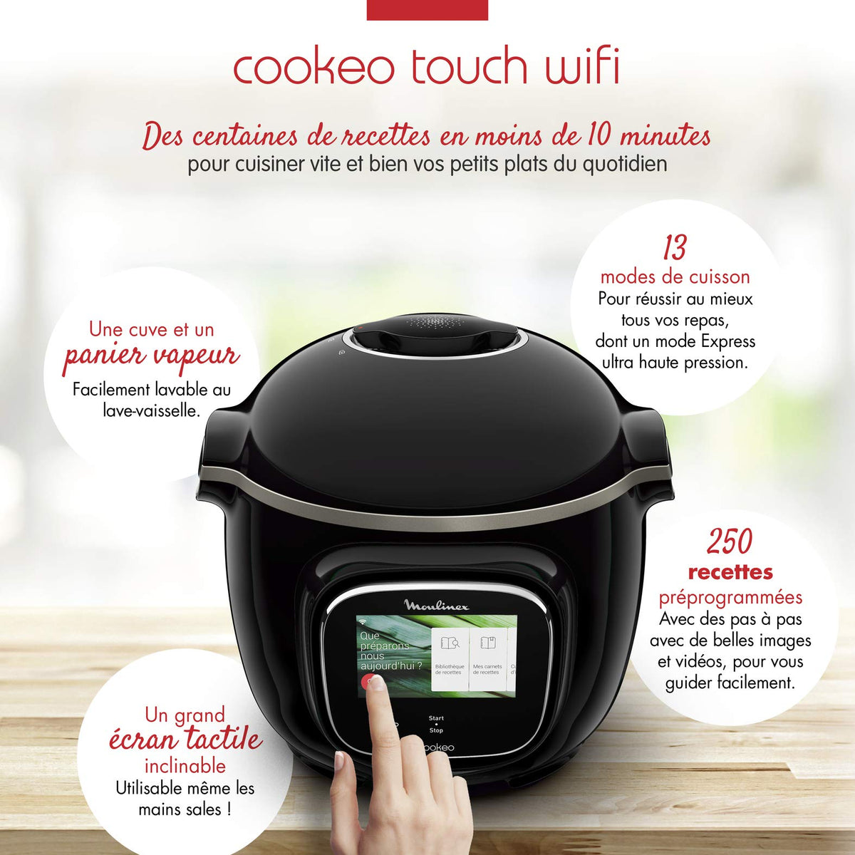 Multicuiseur électrique Cookeo Touch WiFi 6 L 1600 W écran tactile 13 modes de cuisson avec panier vapeur