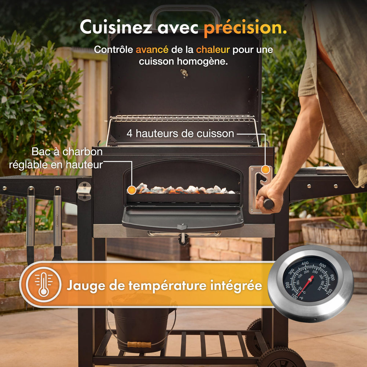 Barbecue au charbon XL avec couvercle et fumoir 2-en-1 grille en fonte 57 x 41 cm thermomètre 2 tablettes rabattables