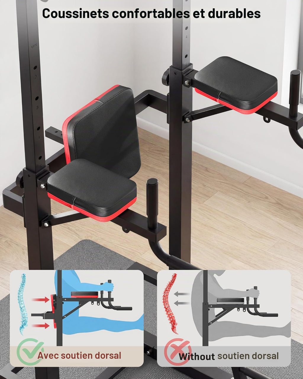 Station de traction multifonctionnelle Power Tower avec support dips hauteur réglable 165 à 235 cm acier allié charge 230 kg