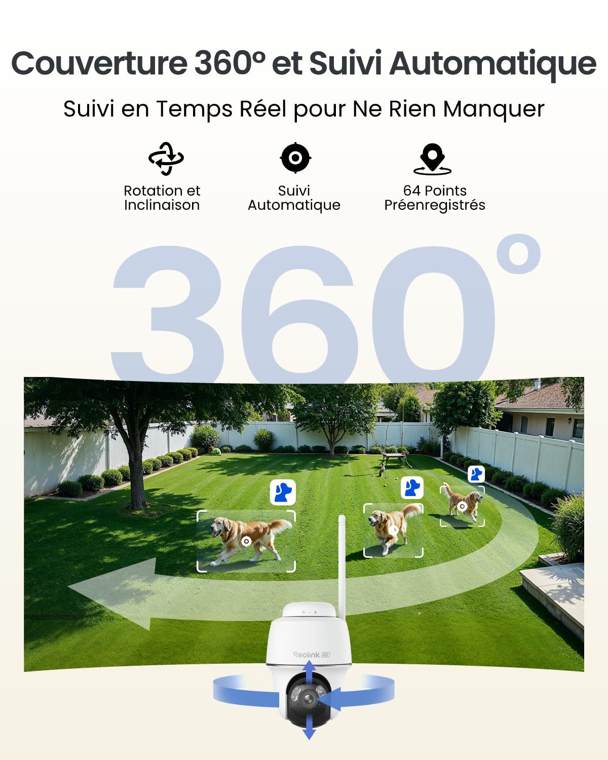 Caméra de surveillance extérieure Argus PT Ultra 4K 8 MP Wi-Fi 6 360° avec suivi automatique et panneau solaire