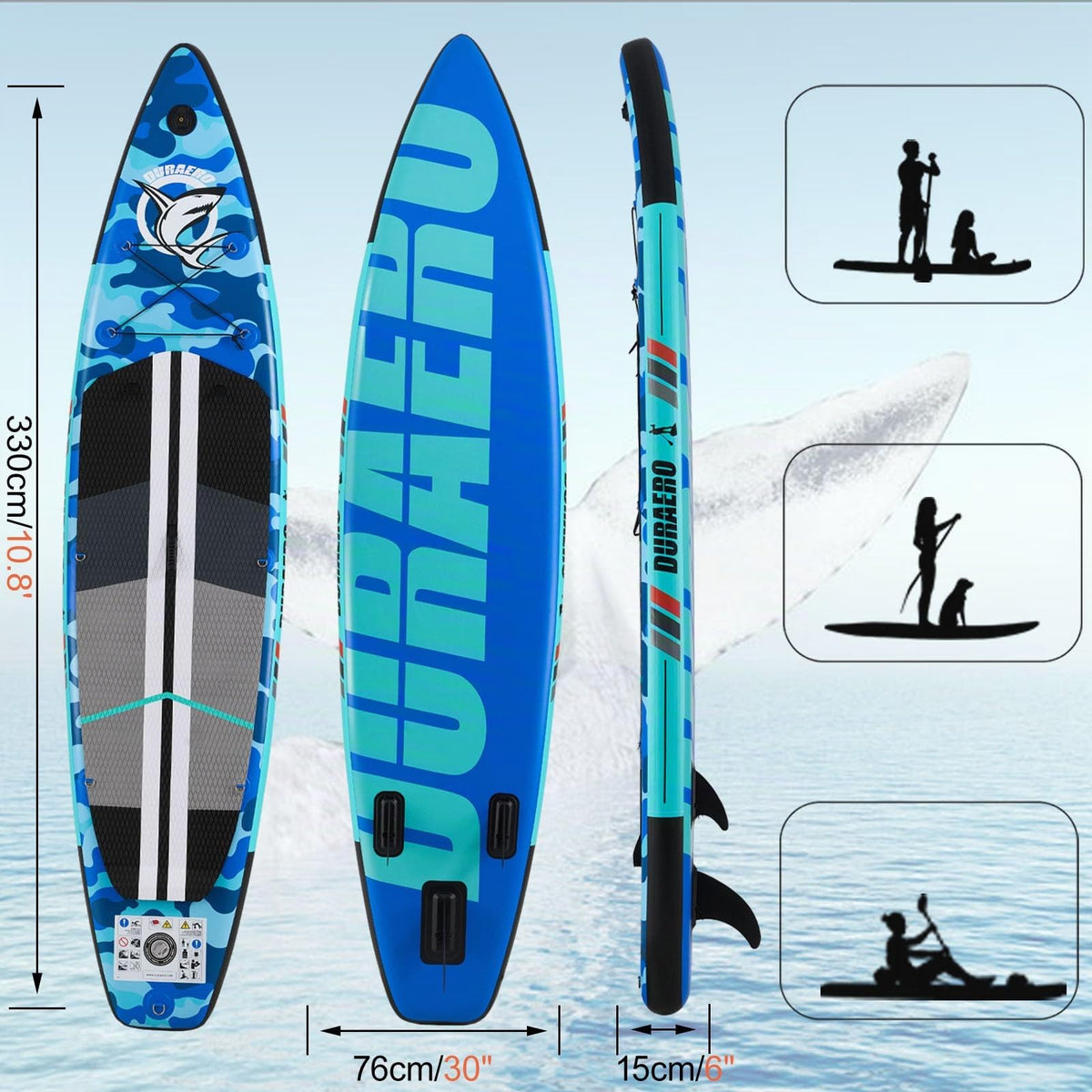 Planche de stand up paddle gonflable 330 x 76 x 15 cm avec siège kayak 150 kg PVC 3 ailerons pagaie double réglable support caméra
