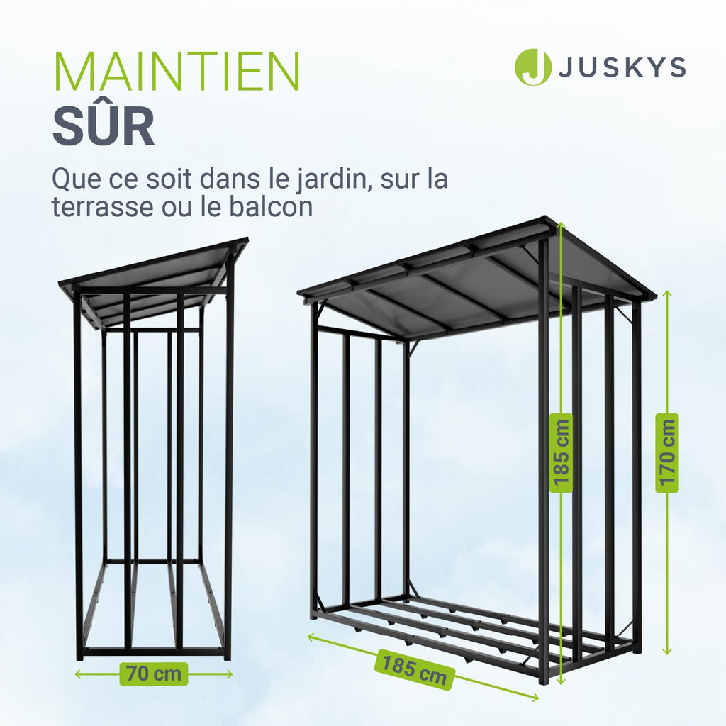 Range-bûches extérieur avec toit 185 x 70 x 185 cm aluminium bâche polyester résistante aux UV étanche sol surélevé toit inclinable noir