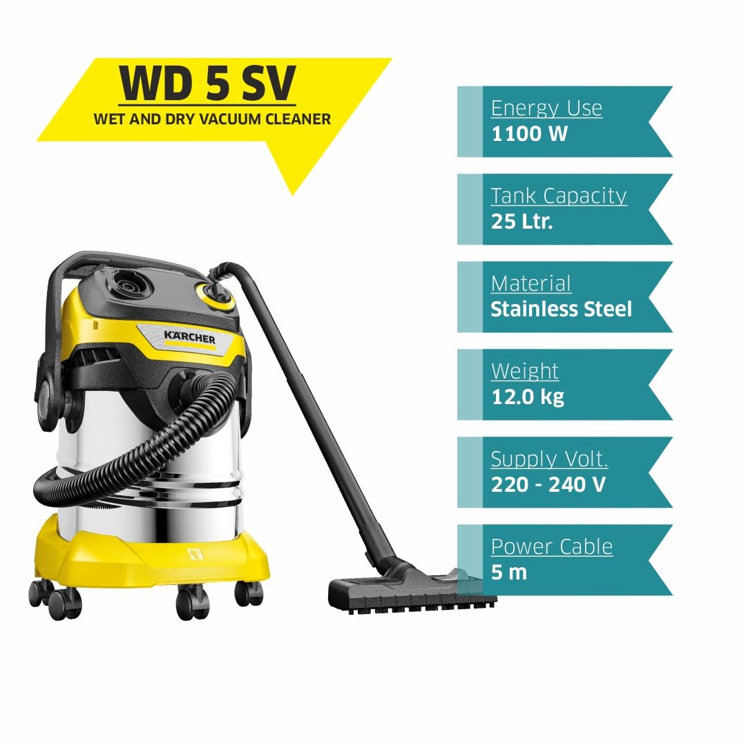 Aspirateur eau et poussière WD 5 S V-25/5/22 1100 W cuve inox 25 L filtre plissé plat flexible 2,2 m