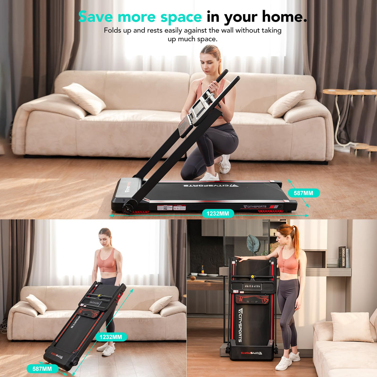 Tapis de course pliable CS-WP9 1400 W 12 km/h capacité 120 kg affichage LED Bluetooth support tablette