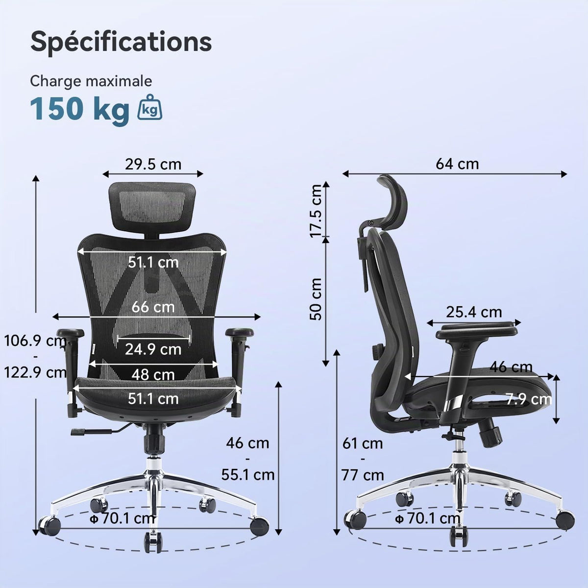 Chaise de Bureau Ergonomique en Maille M57 avec Support Lombaire Réglable Inclinaison 90 à 126° Charge 150 kg