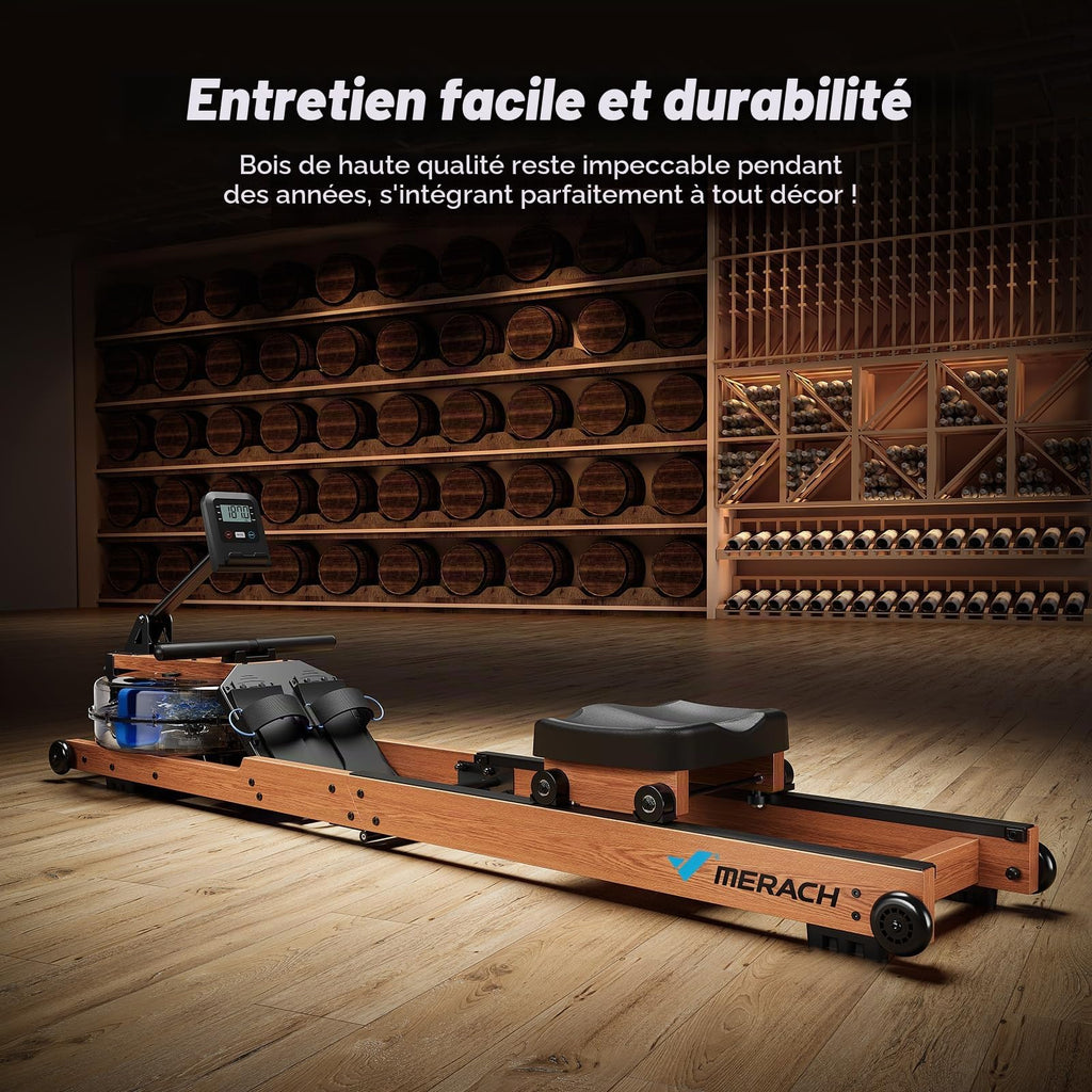 Rameur à eau pliable R28 en bois de frêne 180 kg résistance à eau siège confortable rangement vertical roues