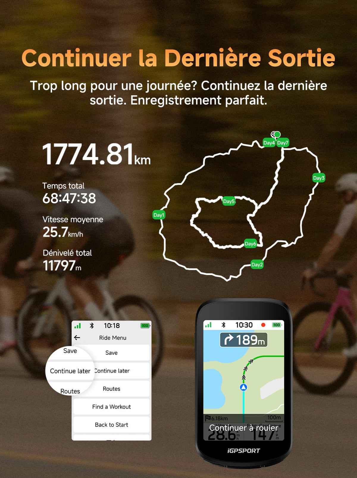 Compteur vélo GPS BSC500 sans fil écran tactile 3,3 pouces navigation cartographique vocale IPX7 autonomie 25 h Bluetooth ANT