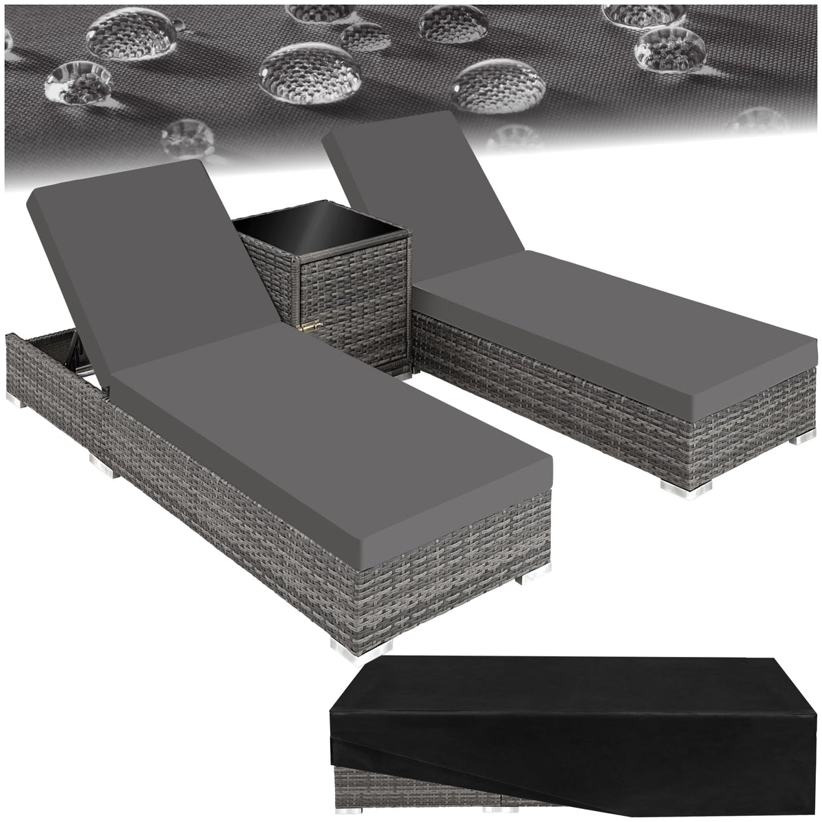 Set de 2 bains de soleil avec table 403088 dossier réglable 5 positions résine tressée aluminium housses de protection