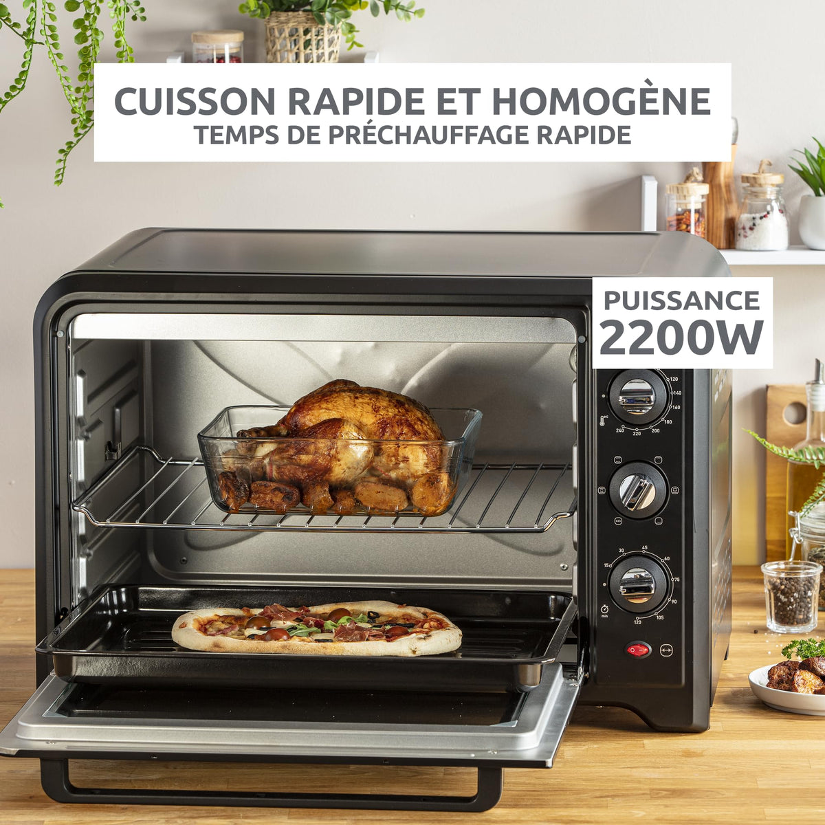 Four électrique Optimo OX495810 60 L 2200 W chaleur tournante 7 modes de cuisson avec tournebroche et 2 grilles