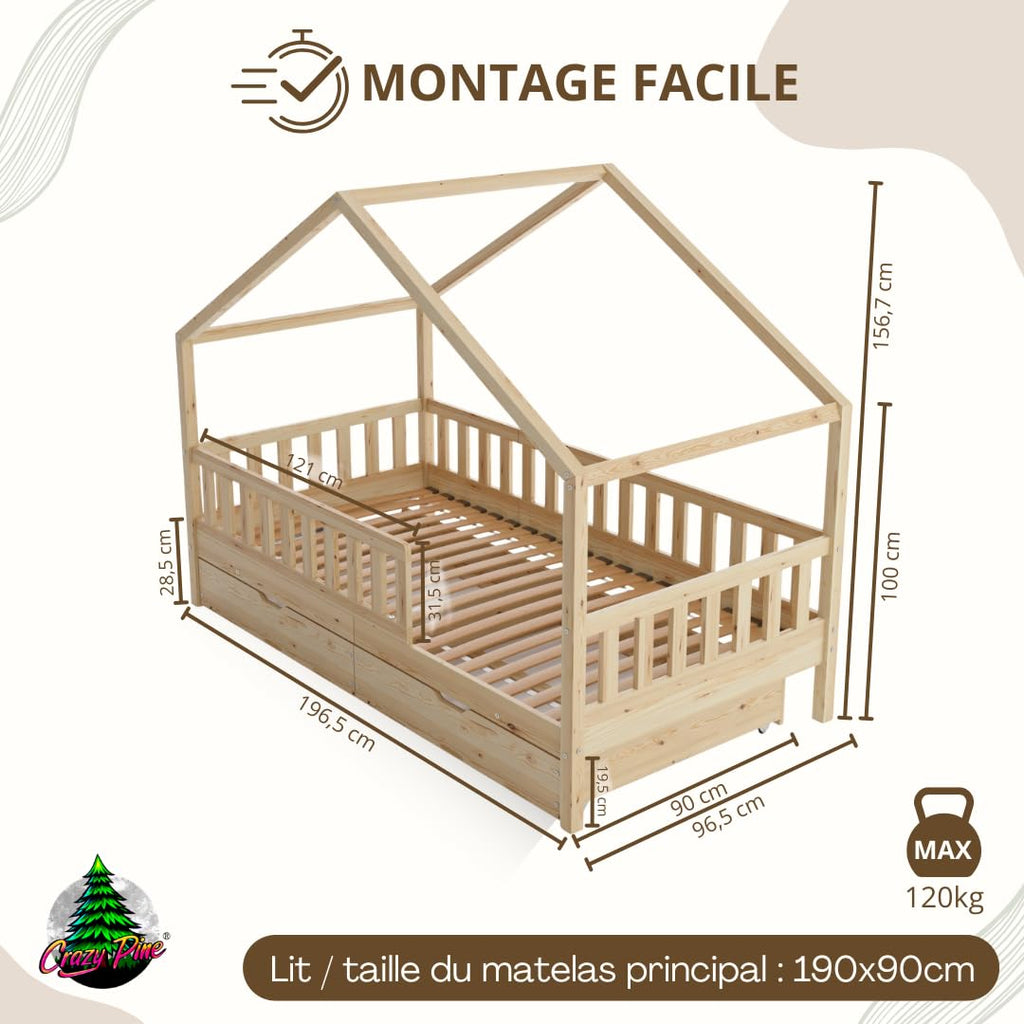 Lit Cabane Montessori Crazy House AM-05-16 90 x 190 cm Bois de Pin 2 Tiroirs Sommier à Lattes Barrière 120 kg Naturel