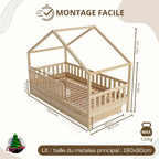 Lit Cabane Montessori Crazy House AM-05-16 90 x 190 cm Bois de Pin 2 Tiroirs Sommier à Lattes Barrière 120 kg Naturel