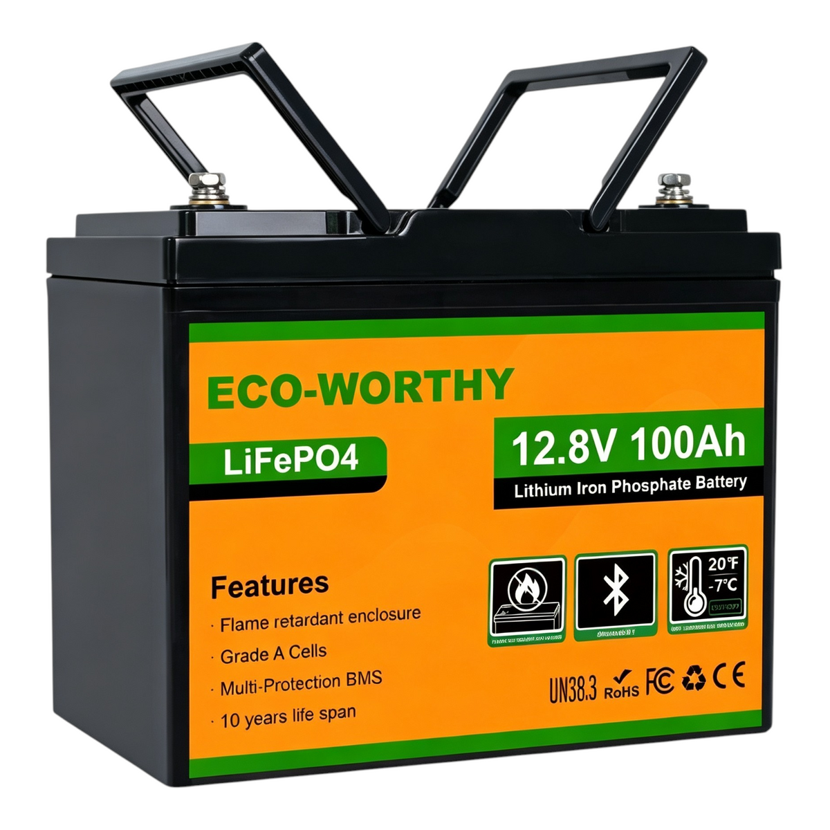 Batterie LiFePO4 12V 100Ah Bluetooth 1280Wh BMS protection basse température 100A rechargeable pour camping-car bateau solaire
