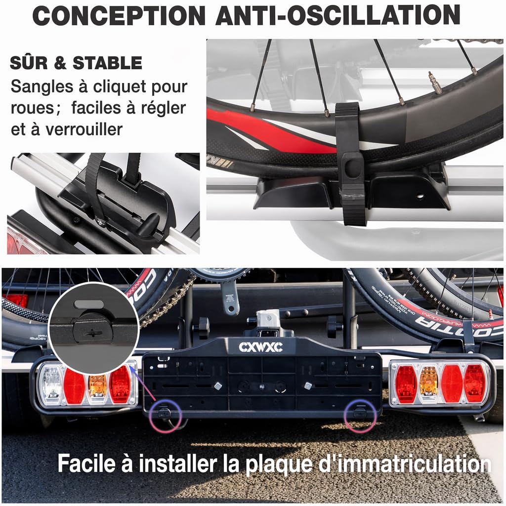 Porte-vélos d'attelage pour 2 vélos charge maximale 60 kg avec feu arrière support de plaque pliable