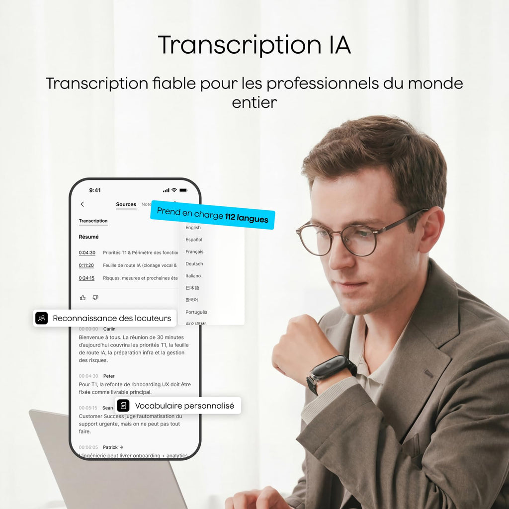 Enregistreur vocal IA NotePin S 64 Go transcription IA 112 langues autonomie 20 h microphone intégré MP3 avec 4 accessoires