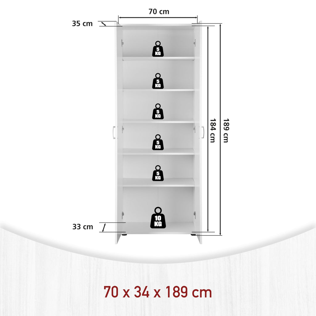 Armoire de rangement 2 portes Arconati 13500100 70 x 34 x 189 cm 5 étagères réglables mélaminé blanc
