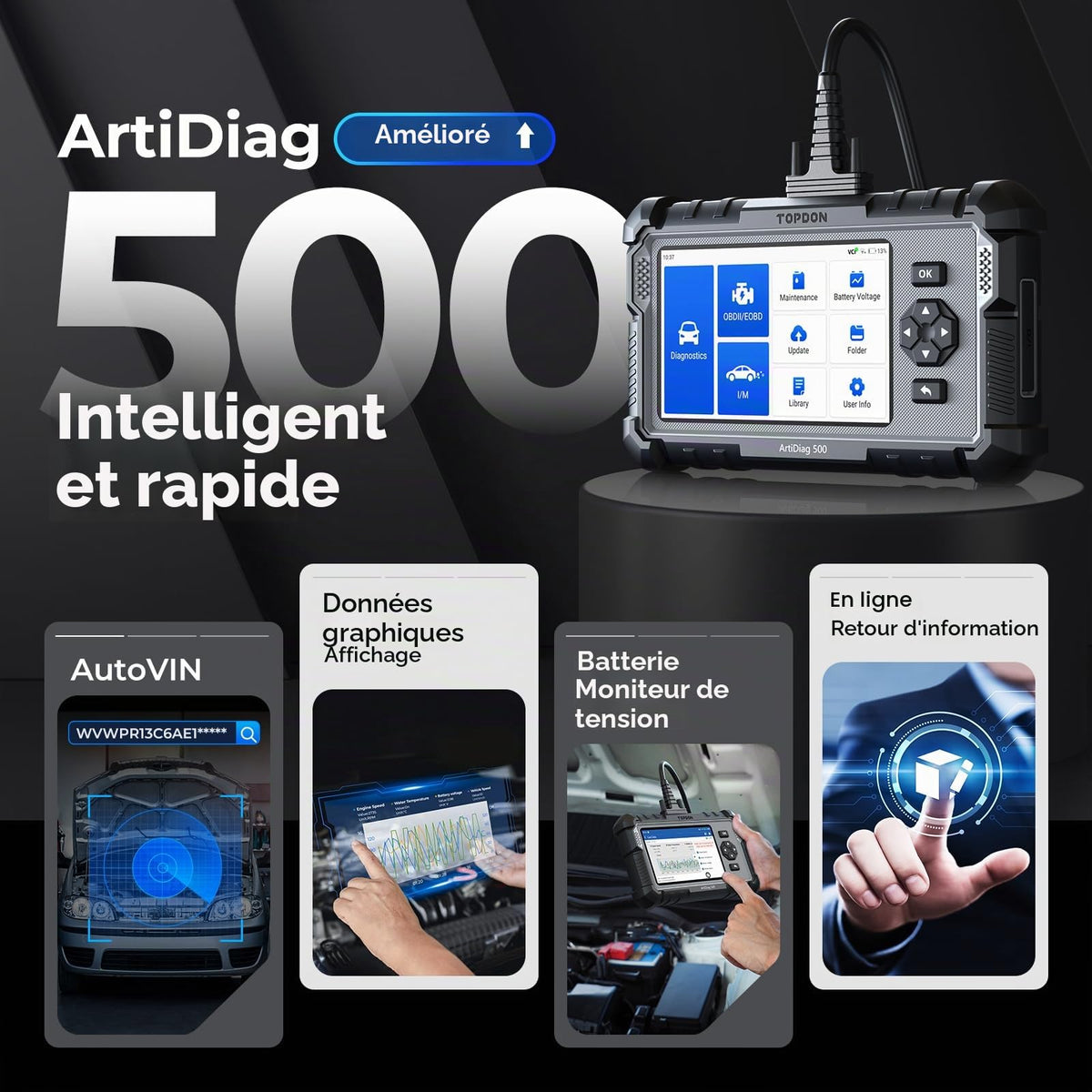 Valise diagnostic automobile OBD2 AD500 4 systèmes moteur transmission ABS SRS 6 réinitialisations écran 5 pouces Android 11